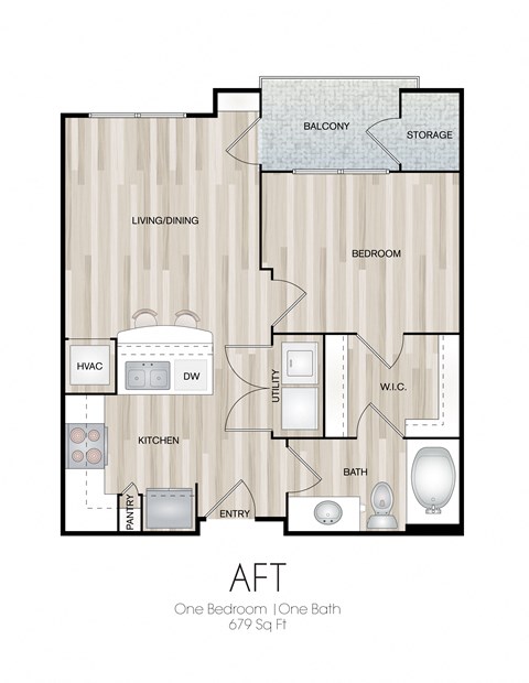 Floor plan for 1 bed, 1 bath, 679 sqft